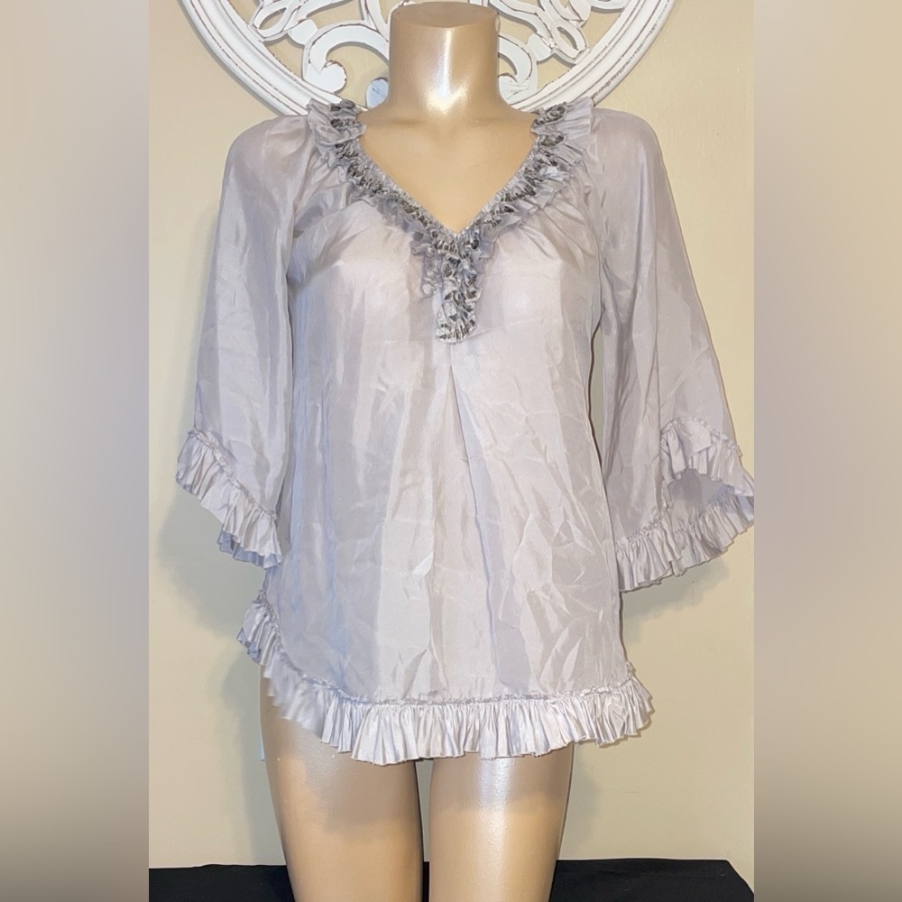 Rebecca Taylor women’s 2 small Blouse Light purple gray Ruffle embellished silk